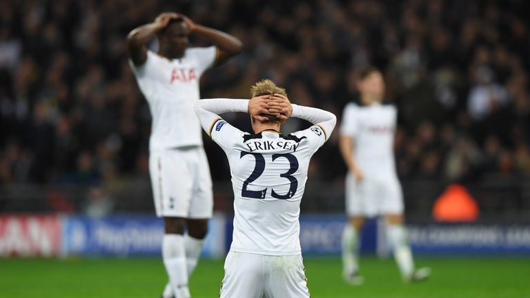 LONDON, ENGLAND - NOVEMBER 02:  Christian Eriksen of Tottenham Hotspur reacts to a missed chance during the UEFA Champions League Group E match between Tot