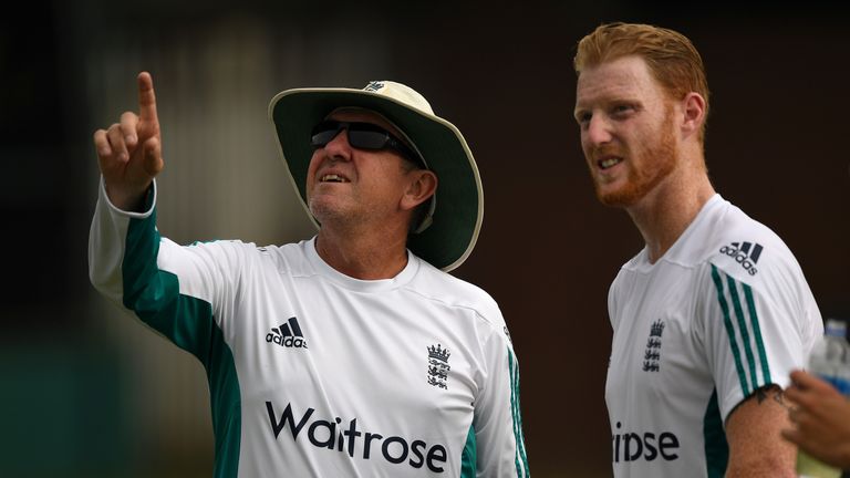 DHAKA, BANGLADESH - OCTOBER 27: England coach Trevor Bayliss speaks with Ben Stokes during a nets session at Sher-e-Bangla National Cricket Stadium on Octo