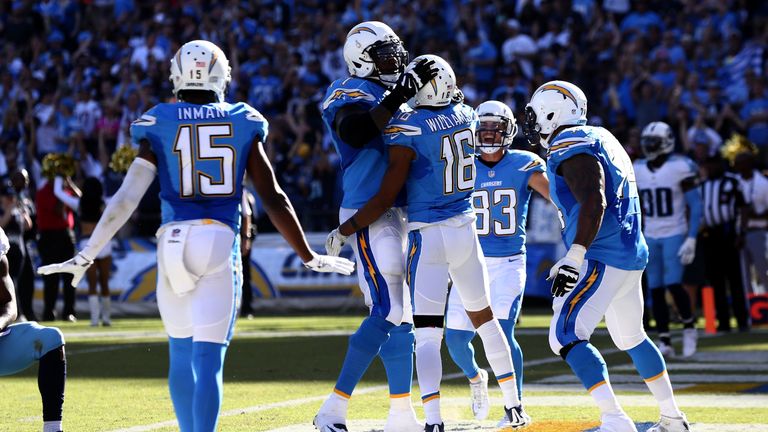 SAN DIEGO, CA - NOVEMBER 06:  Teammates react after Tyrell Williams #16 of the San Diego Chargers scores a touchdown in the first half against the Tennesse