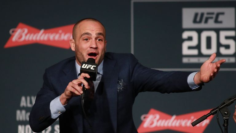 NEW YORK, NY - NOVEMBER 10:  UFC Lightweight Champion Eddie Alvarez motions to the crowd as he asks where Conor McGregor is during the UFC 205 press confer