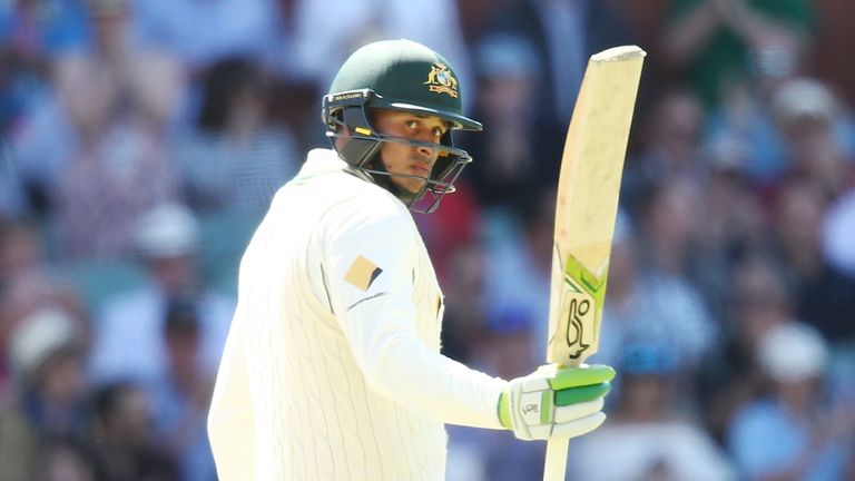 Usman Khawaja of Australia celebrates after reaching 50 runs during day two of the Third Test match v South Africa