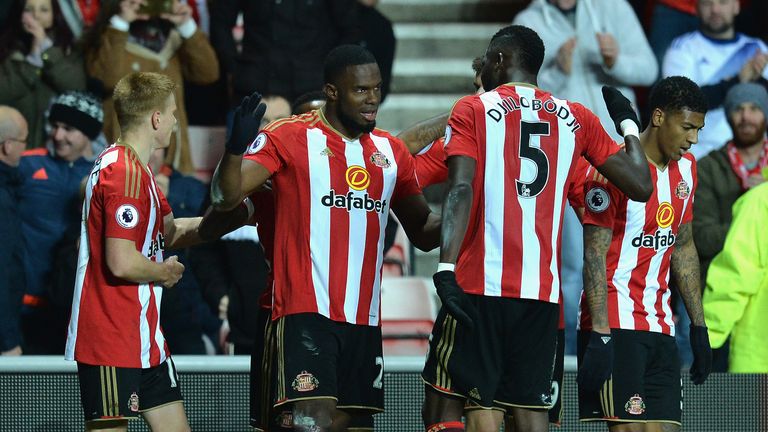 Sunderland striker Victor Anichebe celebrates scoring his second goal against Hull City