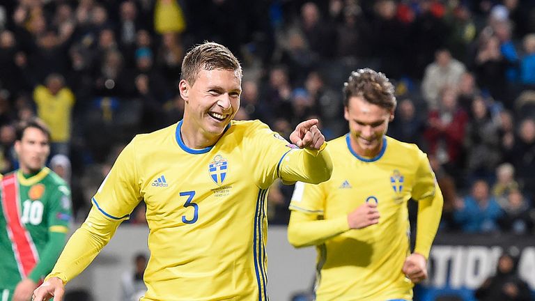 Sweden's defender Victor Nilsson Lindelof celebrates after scoring during the WC 2018 football qualification match between Sweden and Bulgaria in Solna.