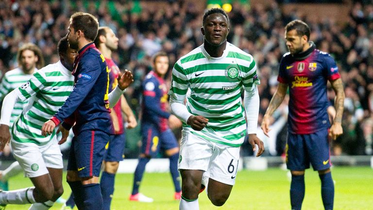Victor Wanyama celebrates Celtic's opening goal against Barcelona