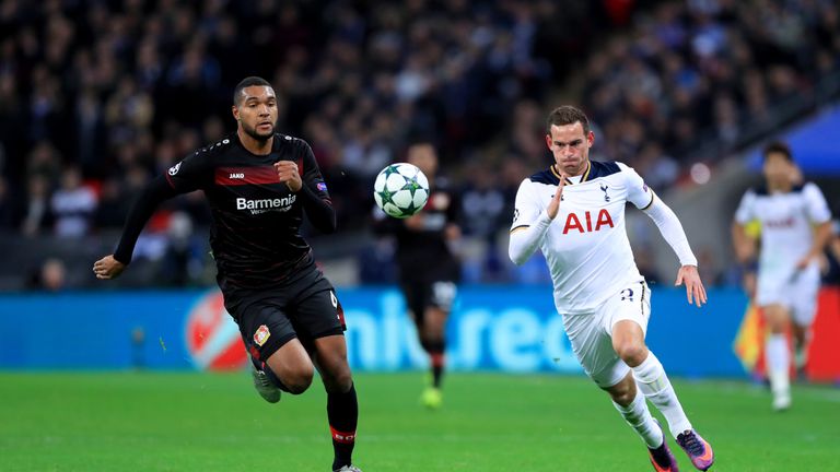 Bayer Leverkusen's Jonathan Tah (left) and Tottenham Hotspur's Vincent Janssen (right) in action during the UEFA Champions League match at Wembley Stadium,