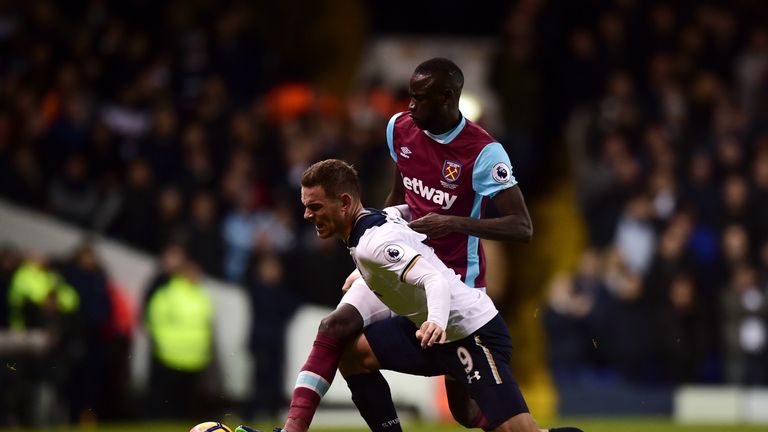 Vincent Janssen of Tottenham is fouled by Cheikhou Kouyate of West Ham