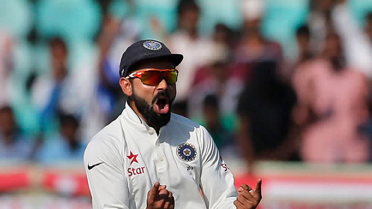 India's captain Virat Kohli celebrates the dismissal of England's Haseeb Hameed on the second day of their 
