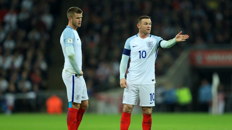 LONDON, ENGLAND - NOVEMBER 11:  Eric Dier and Wayne Rooney of England line up a free kick during the FIFA 2018 World Cup qualifying match between England a