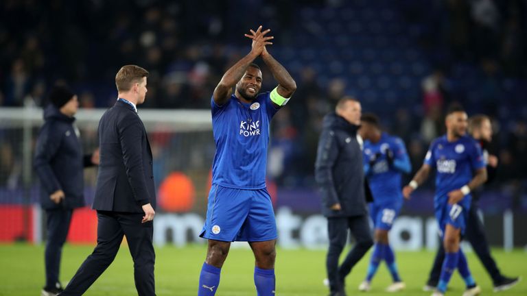 Leicester City's Wes Morgan celebrates 