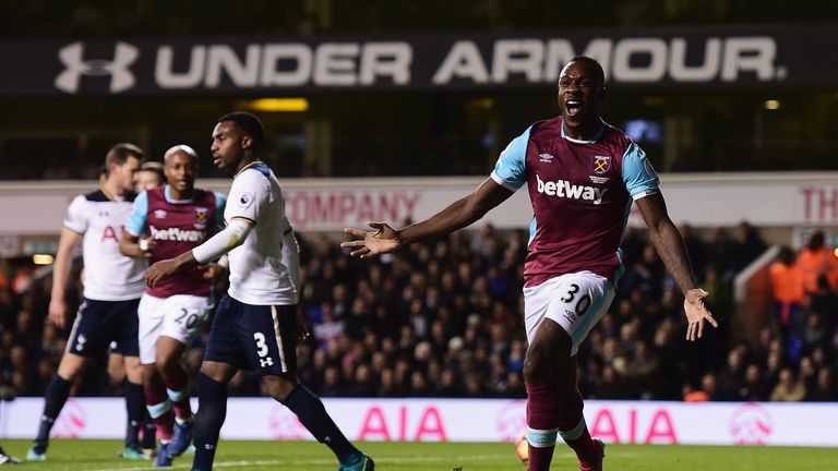 Michail Antonio of West Ham celebrates after scoring against Tottenham