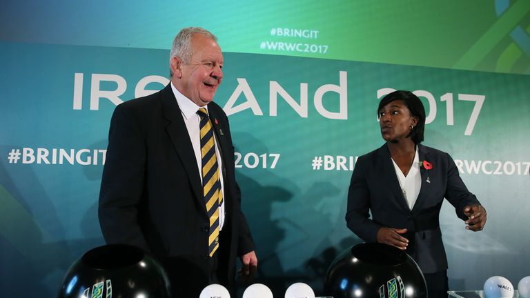 World Rugby chairman Bill Beaumont with former England international Maggie Alphonsi during the 2017 Women's Rugby World Cup pool draw at Belfast City Hall