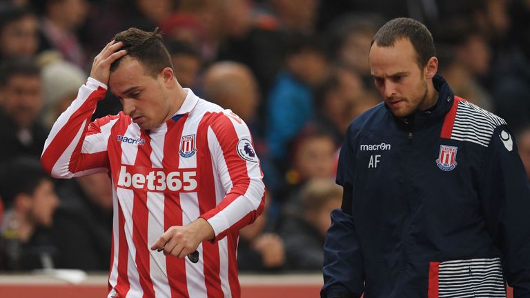 Stoke City's Swiss forward  Xherdan Shaqiri leaves the pitch during the English Premier League football match between Stoke City and Swansea at the Bet365 