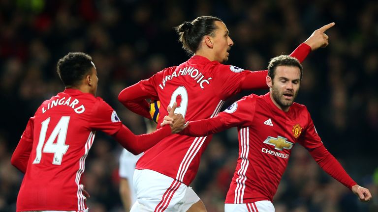 Zlatan Ibrahimovic celebrates scoring an equaliser for Manchester United