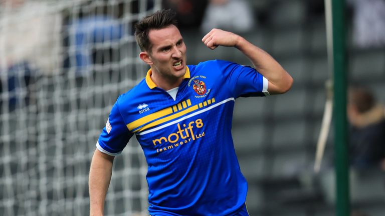 Spennymoor Town's Joseph Tait celebrates scoring their first goal during the Emirates FA Cup, First Round match v MK Dons at Stadium MK, Milton Keynes
