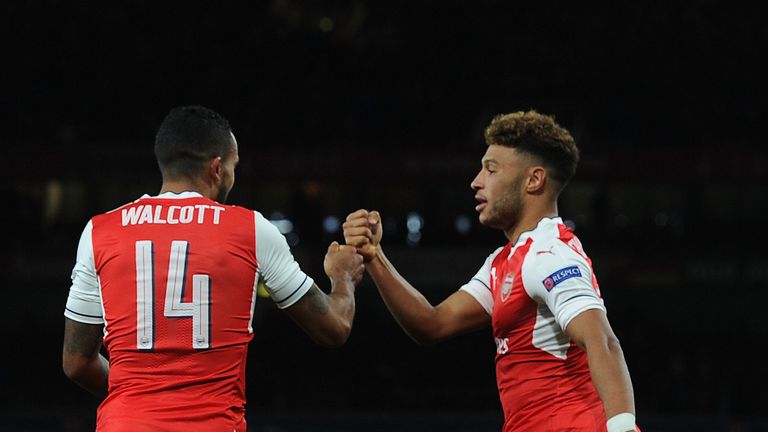 Arsenal's Theo Walcott and Alex Oxlade-Chamberlain during the UEFA Champions League match against Ludogorets at Emirates Stadium on October 19, 2016