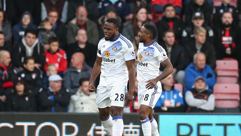 Victor Anichebe of Sunderland (L) celebrates scoring his side's first goal with Jermain Defoe v Bournemouth, Premier League