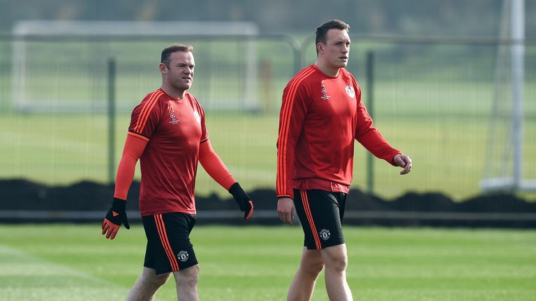Wayne Rooney and Phil Jones during a United training session
