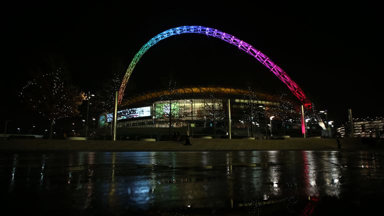 The Wembley arch lit in rainbow colours in support of the Stonewall's Rainbow Laces anti-homophobia campaign.
