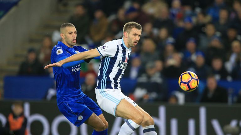 West Bromwich Albion's Gareth McAuley (right) in action during the Premier League match at the King Power Stadium, Leicester