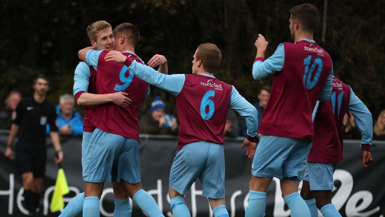 Westfields' Craig Jones celebrates scoring the opening goal from the penalty spot in the FA Cup First Round match v Curzon Ashton at allpay.park, Hereford