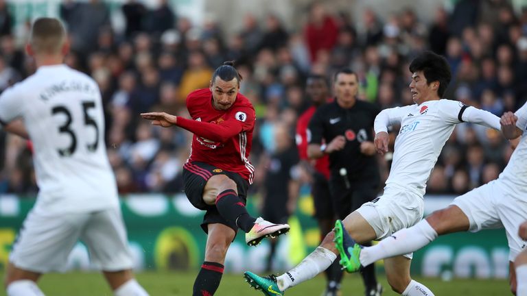 Manchester United's Zlatan Ibrahimovic scores his side's second goal during the Premier League match at the Liberty Stadium, Swansea