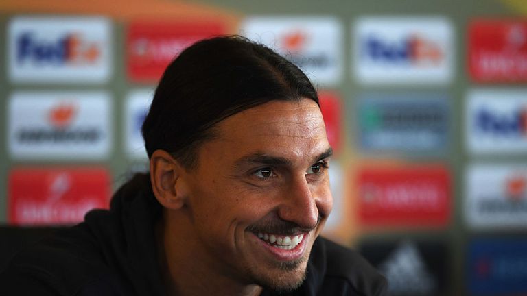 Zlatan Ibrahimovic speaks during a Manchester United press conference on the eve of their UEFA Europa League match against Feyenoord