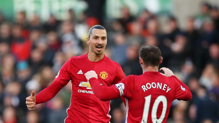 Manchester United's Zlatan Ibrahimovic (left) celebrates with Wayne Rooney after scoring his side's third goal during the Premier League match v Swansea