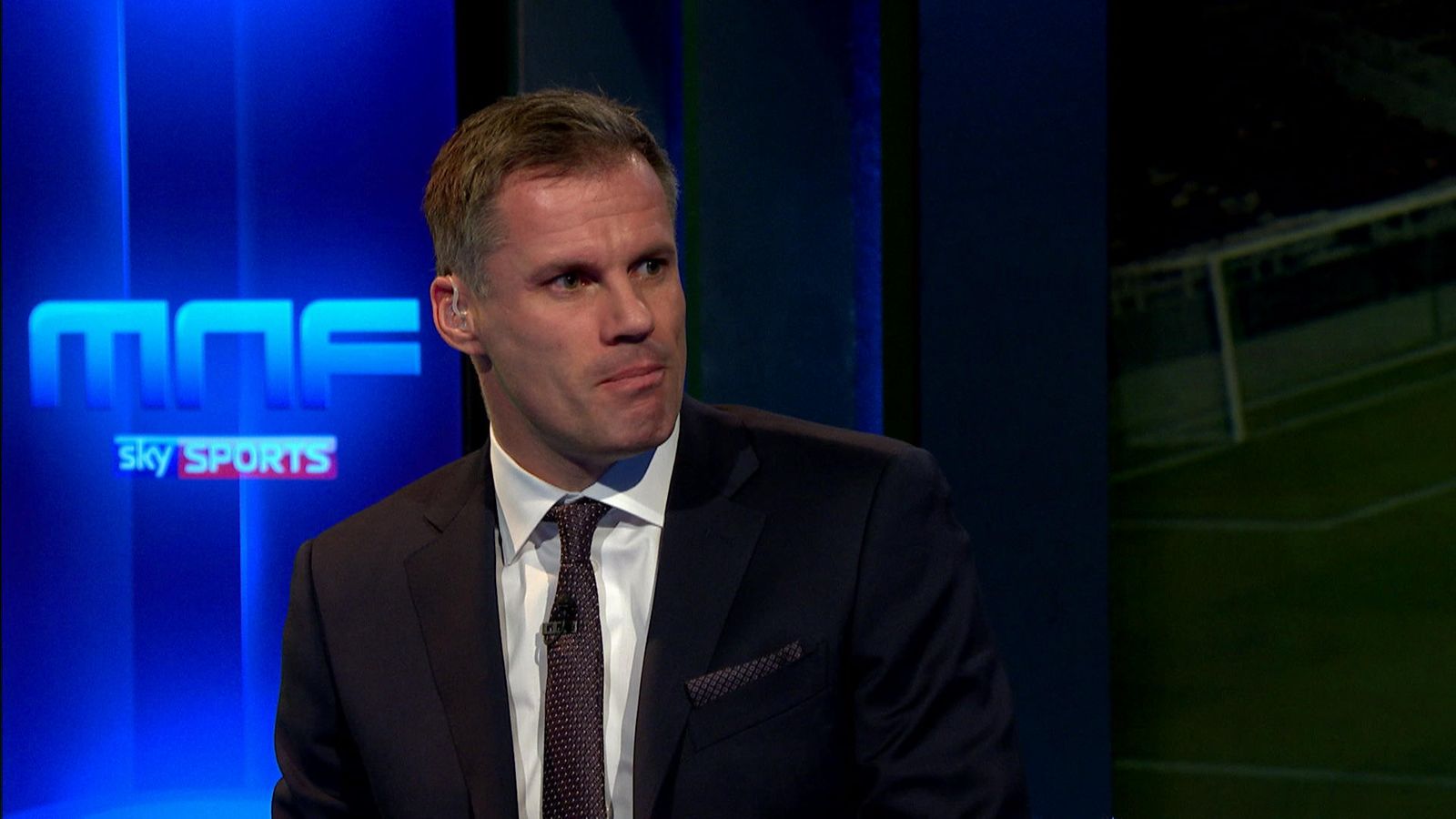  Jamie Carragher is pictured as a pundit on Monday Night Football discussing Everton and Dele Alli.