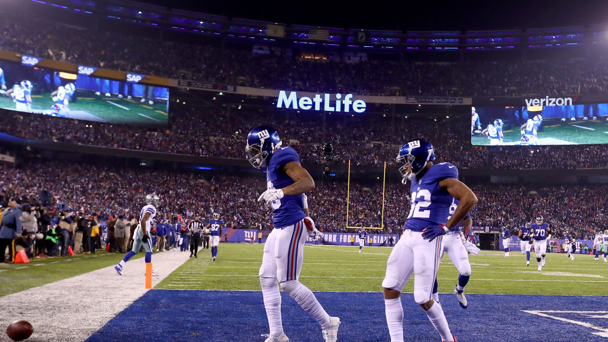 New York Giants Odell Beckham Jr. celebrates after scoring on 75 yard  touchdown catch in the 3rd quarter against the Baltimore Ravens in week 6  of the NFL at MetLife Stadium in