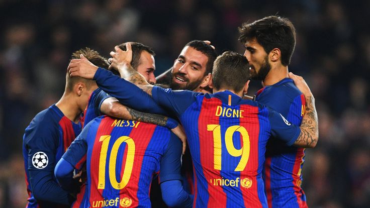 Barcelona celebrate during their 4-0 win over Borussia Monchengladbach