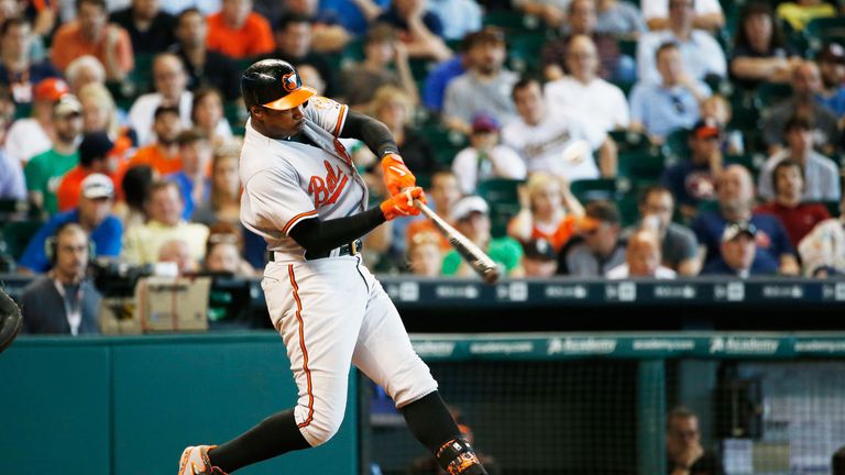 HOUSTON, TX - JUNE 04:  Adam Jones #10 of the Baltimore Orioles connects on a solo home run in the eighth inning during their game against the Houston Astr