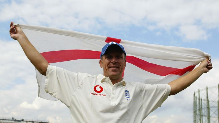 Alec Stewart of England celebrates England's victory over South Africa