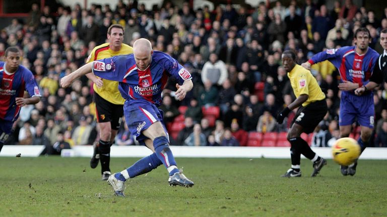 WATFORD, UNITED KINGDOM - DECEMBER 31:  Andrew Johnson of Crystal Palace scores from a penalty kick during the Coca-Cola Championship match between Watford