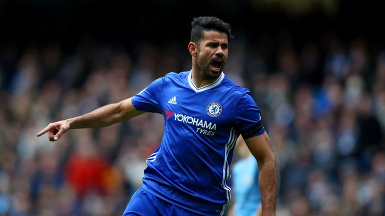 MANCHESTER, ENGLAND - DECEMBER 03 2016:  Diego Costa of Chelsea celebrates scoring his team's first goal against Manchester City