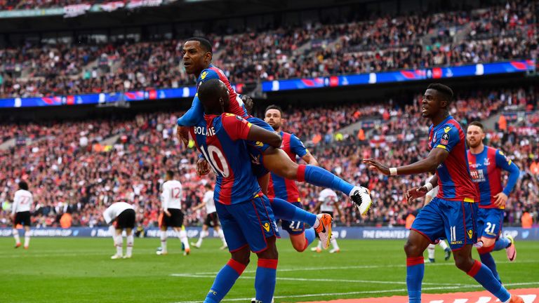 Jason Puncheon celebrates putting Crystal Palace ahead in the FA Cup final - although they would later lose 2-1 in extra-time to Manchester United