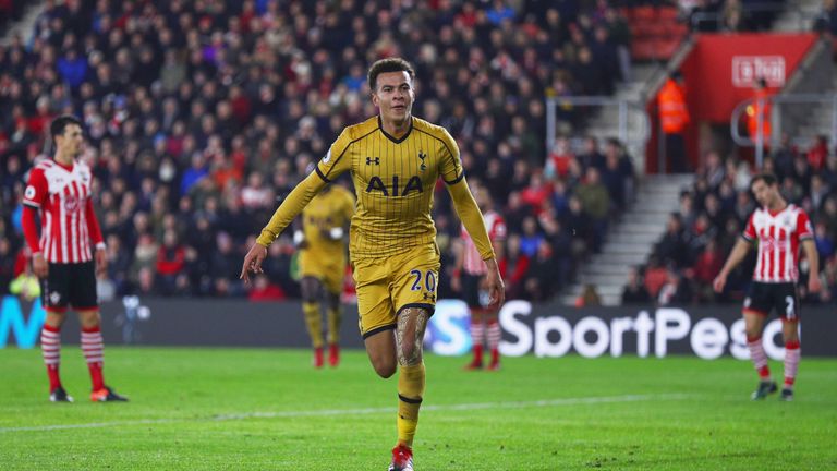 Dele Alli of Tottenham Hotspur celebrates as he scores their first and equalising goal during the Premier League match v Southampton