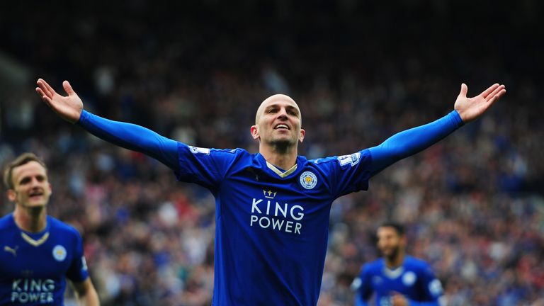 MAY 24 2015:  Esteban Cambiasso of Leicester City celebrates scoring his team's fourth goal during the Premier League match against Queens Park Rangers
