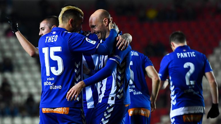 TARRAGONA, SPAIN - DECEMBER 01 2016:  Gaizka Toquero of Deportivo Alaves celebrates with his team-mate Theo Hernandez after scoring.
