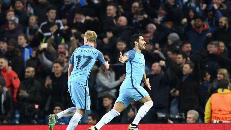 Ilkay Gundogan celebrates scoring the clinching goal in Manchester City's 3-1 win over Barcelona