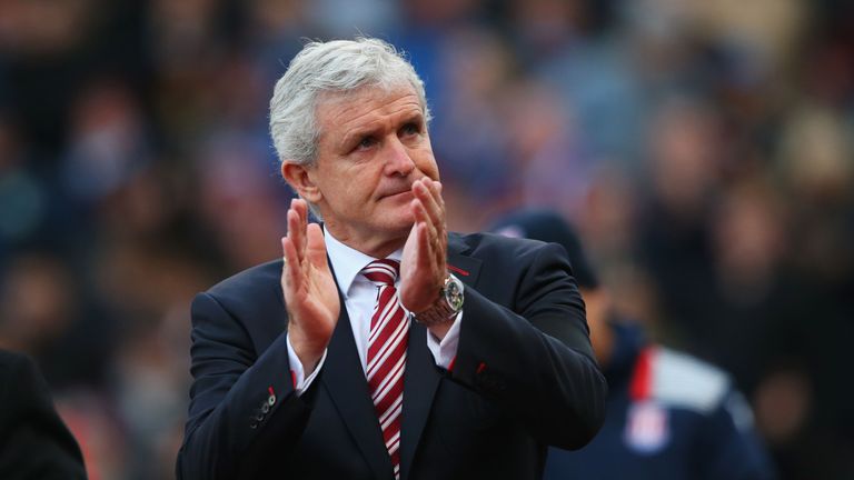 Mark Hughes manager of Stoke City looks on prior to the Premier League match between Stoke City and Burnley