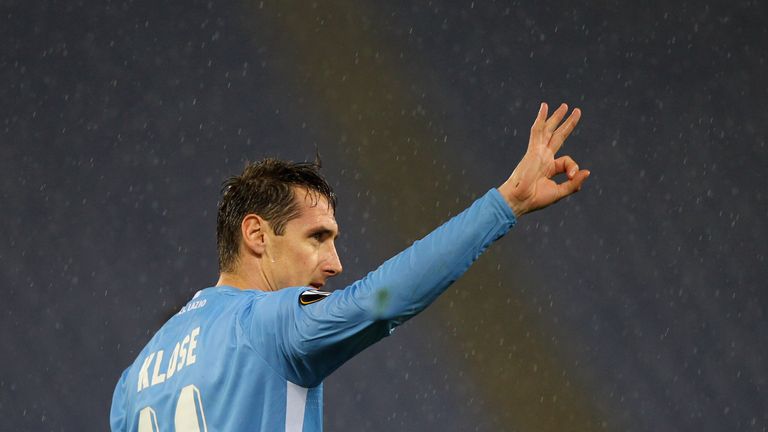 FEBRUARY 25:  Miroslav Klose of SS Lazio celebrates after scoring the team's third goal during the Europa League tie against Galatasaray in 2016