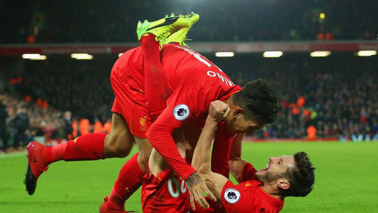 Roberto Firmino goal celeb, Adam Lallana, Liverpool v Stoke City, Premier League