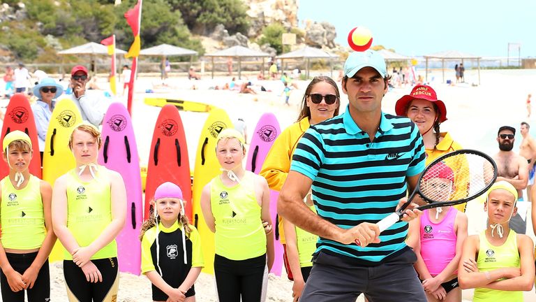 Roger Federer getting aclimatised at Cottesloe Beach, Perth, on Friday