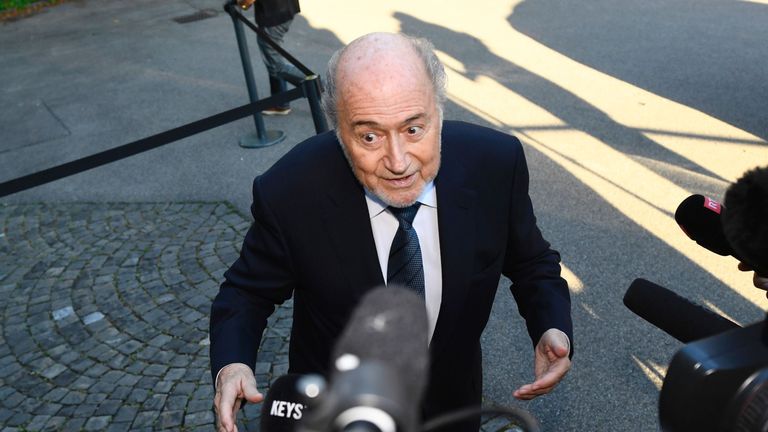 Former FIFA President Sepp Blatter speaks to the medias as he arrives for his appeal to the Court of Arbitration for Sport (CAS) 