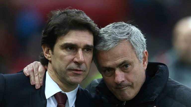 Aitor Karanka (L) and Jose Mourinho (R) prior to kick-off