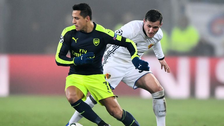 Arsenal forward Alexis Sanchez (L) vies with Basel midfielder Taulant Xhaka
