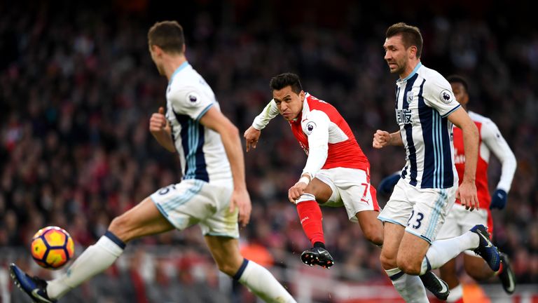 LONDON, ENGLAND - DECEMBER 26:  Alexis Sanchez of Arsenal shoots at goal during the Premier League match between Arsenal and West Bromwich Albion at Emirat