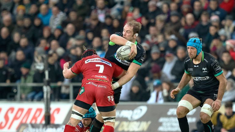 Alun Wyn Jones offloads for the Ospreys