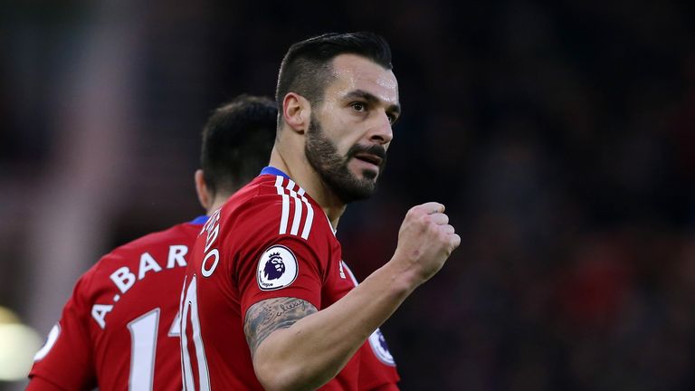 Alvaro Negredo celebrates after opening the scoring for Middlesbrough against Swansea