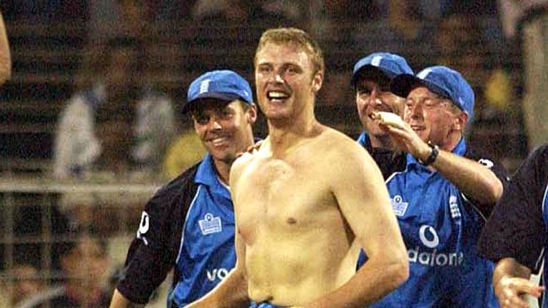 3 Feb 2002:  Andrew Flintoff of England celebrates with his shirt off after he took the final wicket to win the match and draw the series during the India 